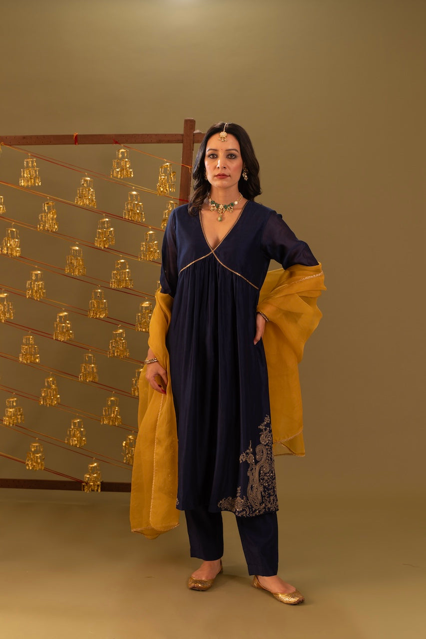 Blue Rida Chanderi Kurta And Pant Set