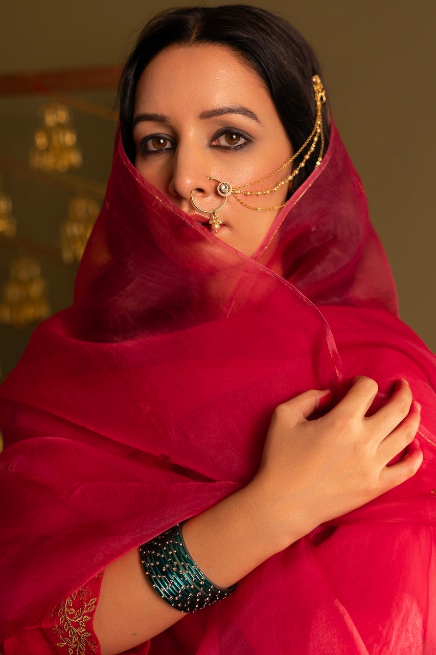 Red Nargis Chanderi Anarkali Set