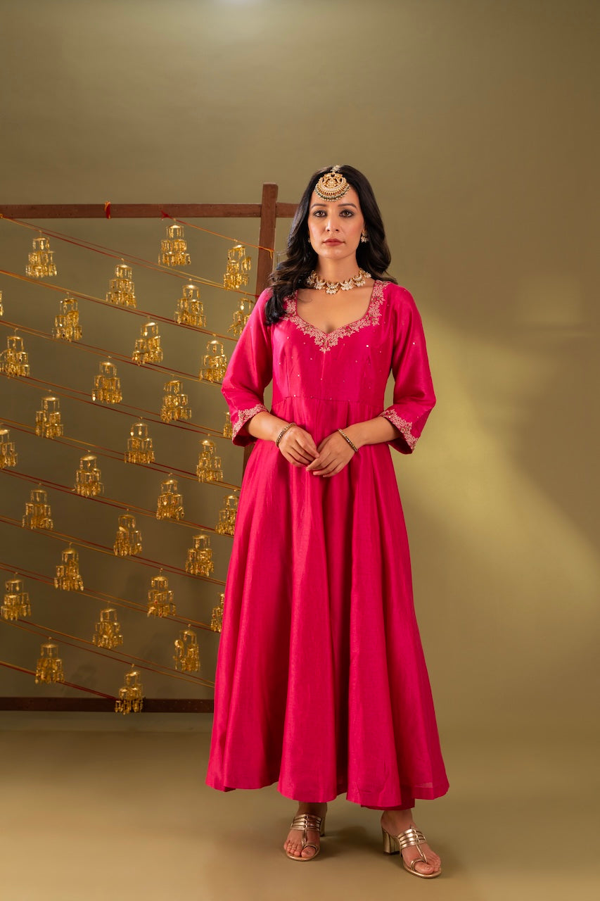 Pink Veena Chanderi Anarkali Set