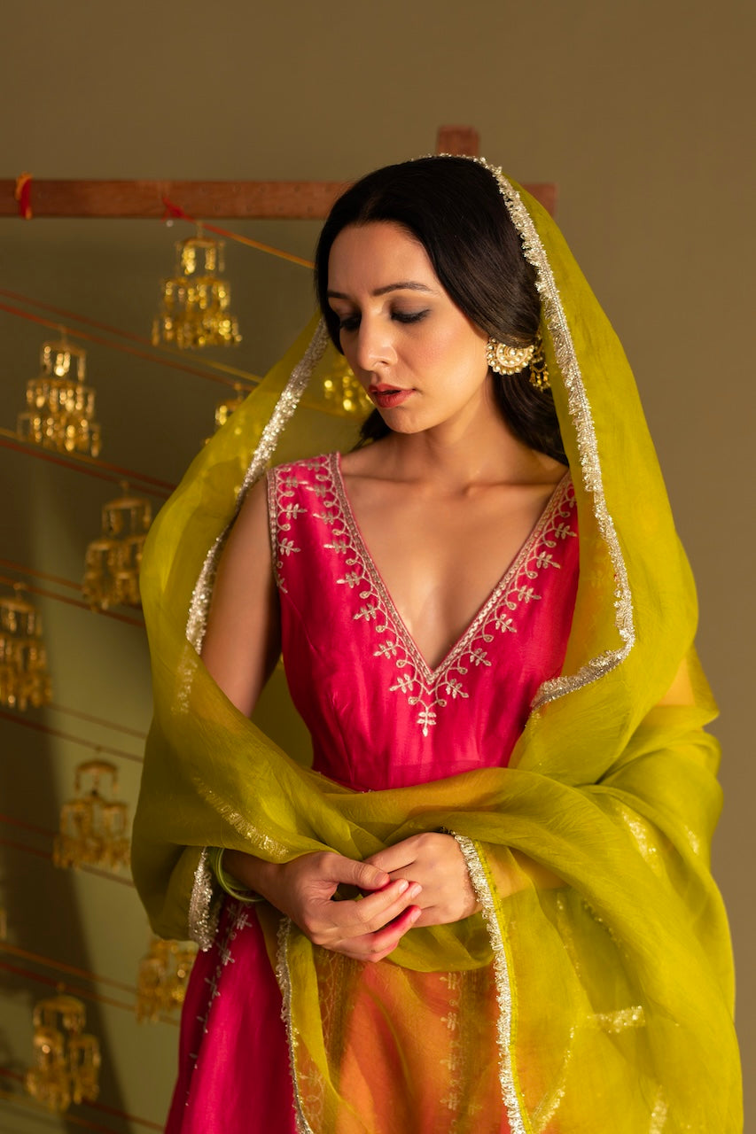 Pink Insha Chanderi Anarkali Set