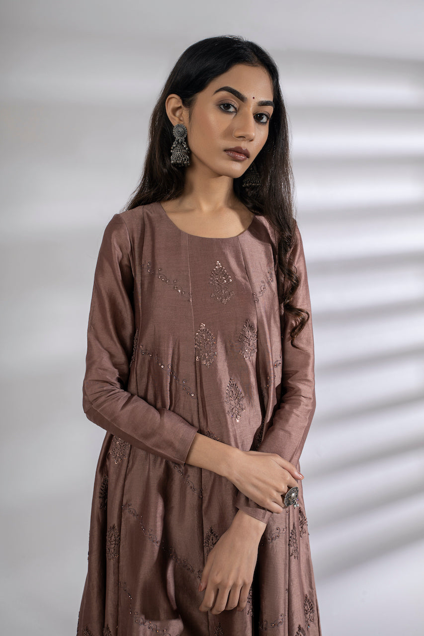 Brown Chanderi Embroidered Anarkali And Pant Set