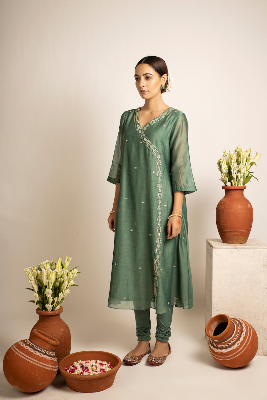 Green Phalak Chanderi Anarkali Set