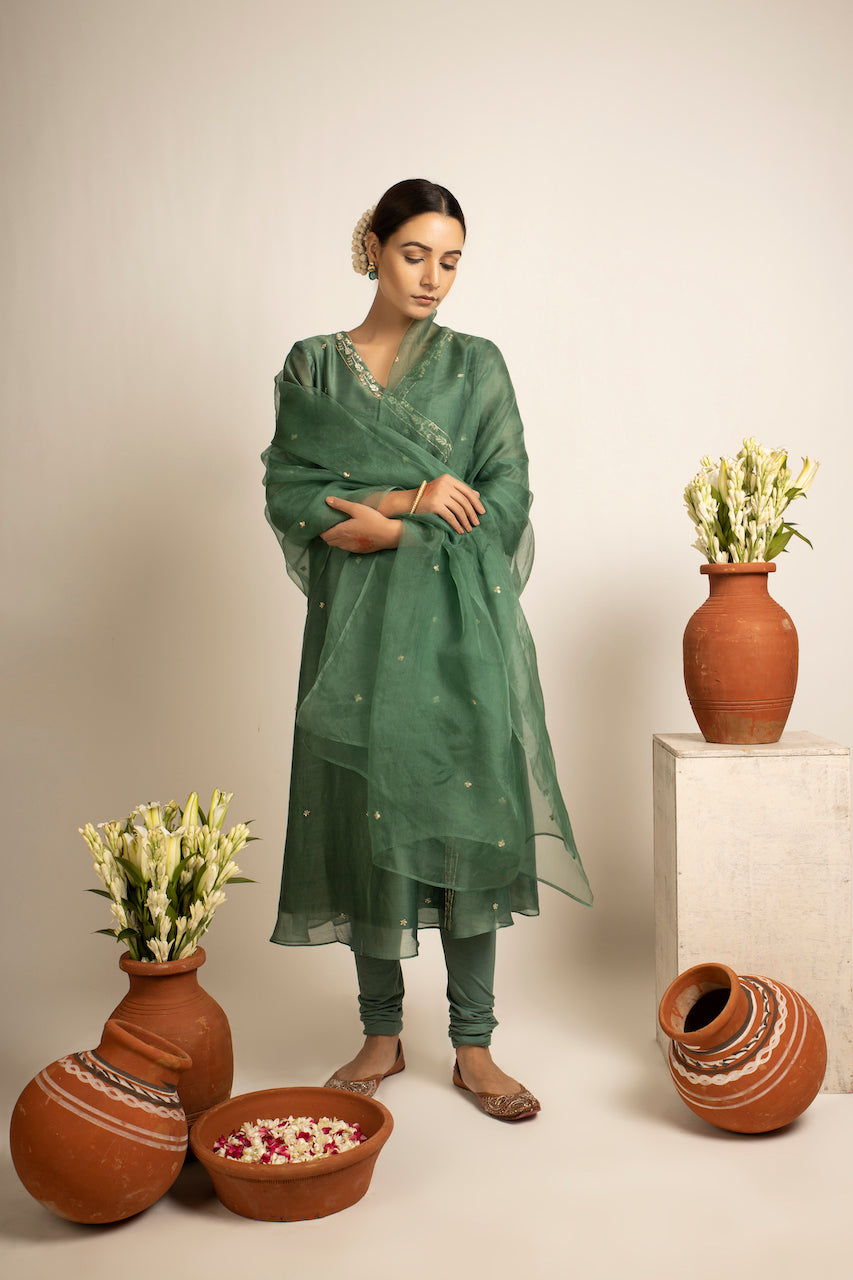 Green Phalak Chanderi Anarkali Set