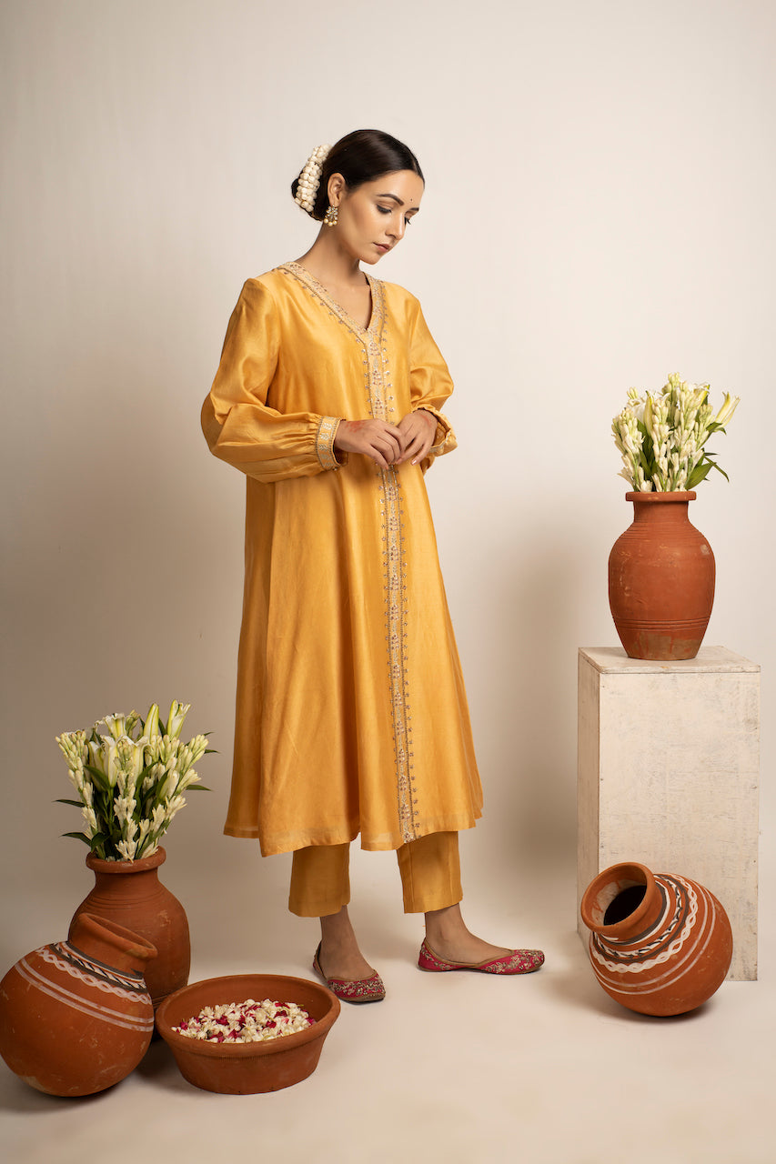 Yellow Nikat Chanderi Kurta Set