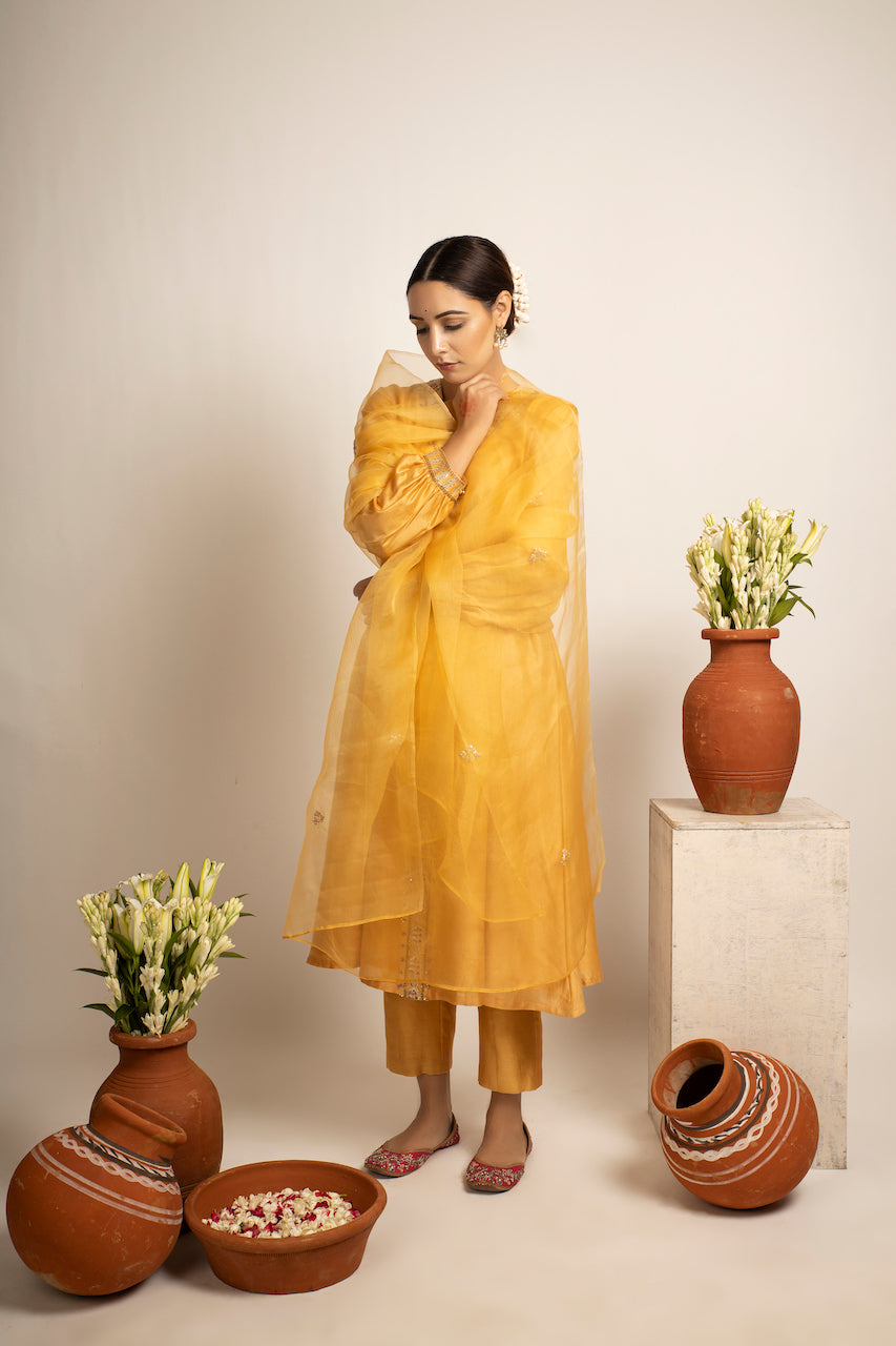 Yellow Nikat Chanderi Kurta Set