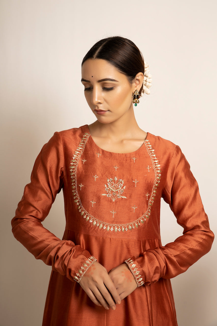 Rust Gulbano Chanderi Anarkali Set