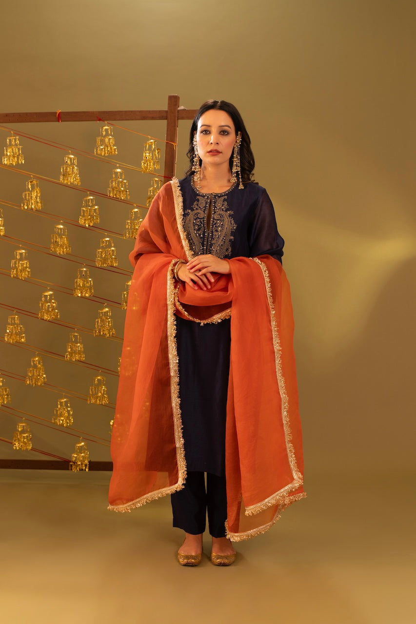 Blue Laila Chanderi Kurta And Pant Set