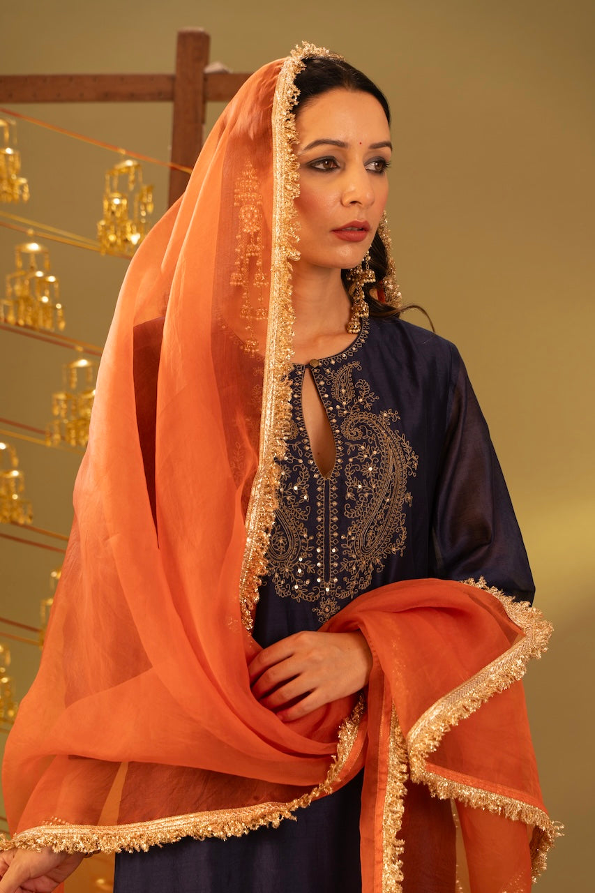 Blue Laila Chanderi Kurta And Pant Set