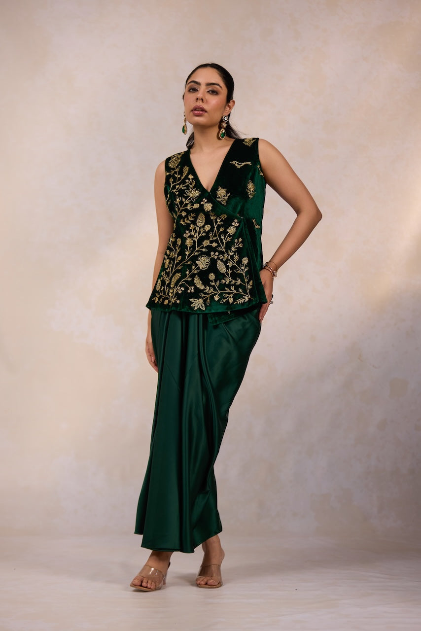 Emerald Velvet Jacket and Draped Skirt Set
