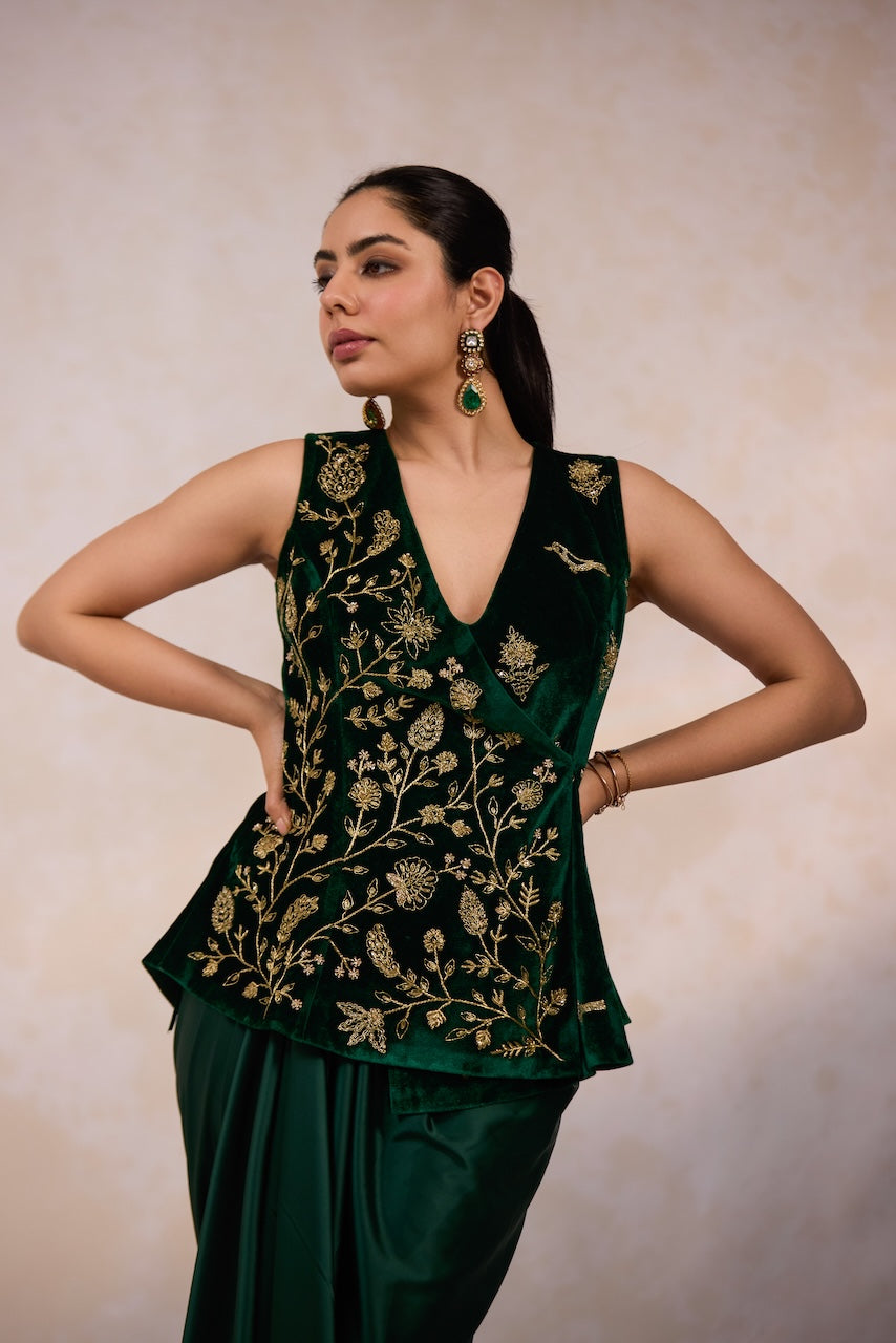 Emerald Velvet Jacket and Draped Skirt Set