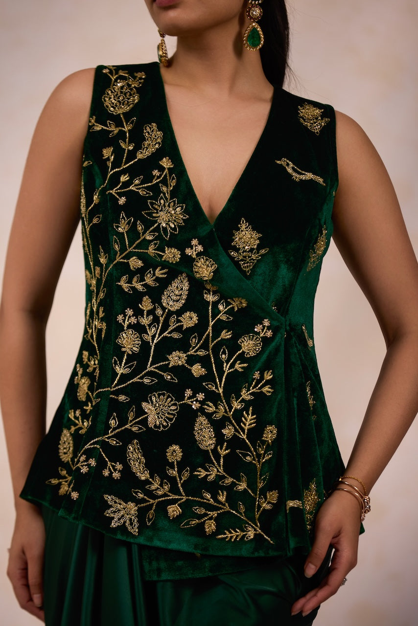 Emerald Velvet Jacket and Draped Skirt Set