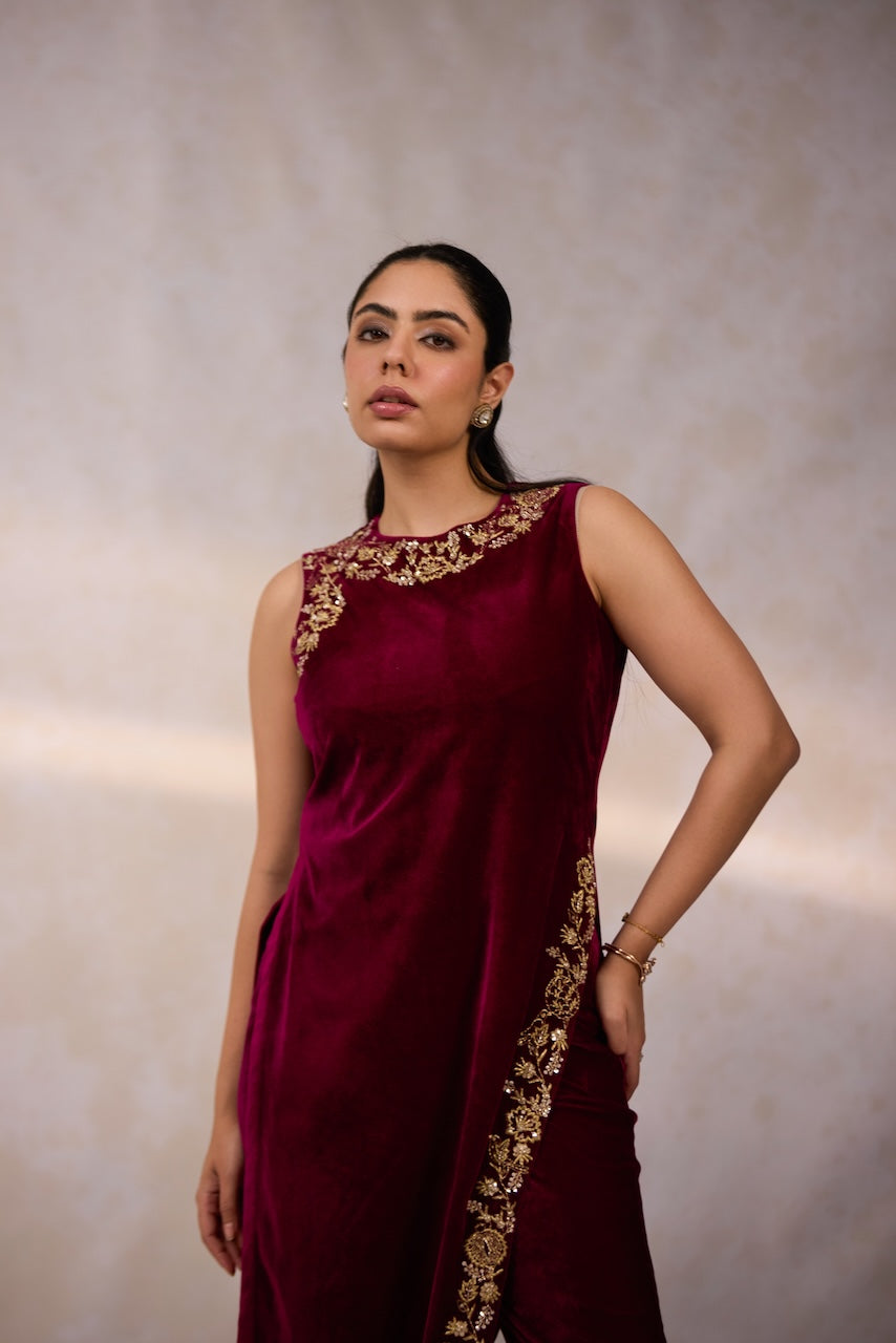 Crimson Asymmetrical Kurta Set