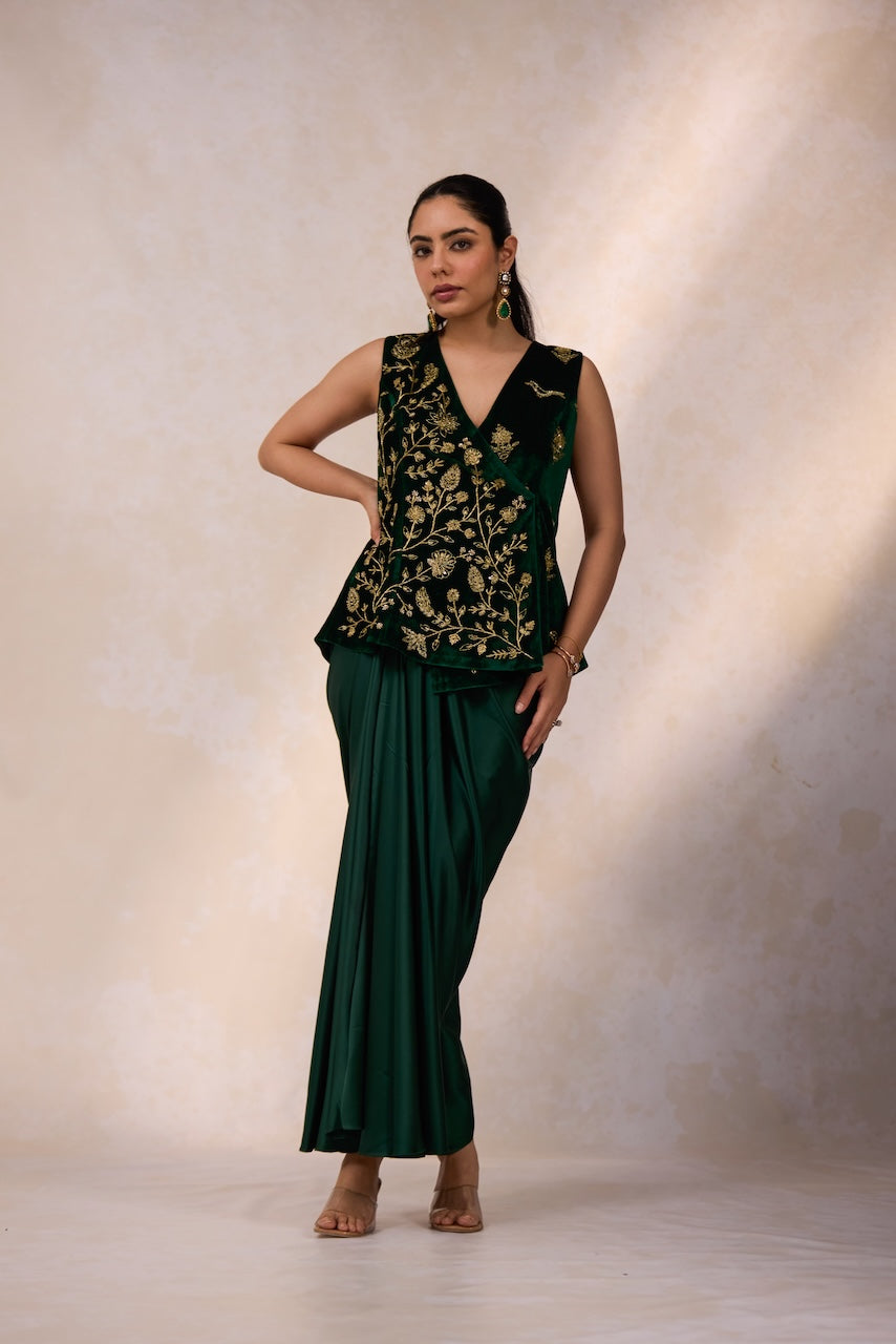 Emerald Velvet Jacket and Draped Skirt Set
