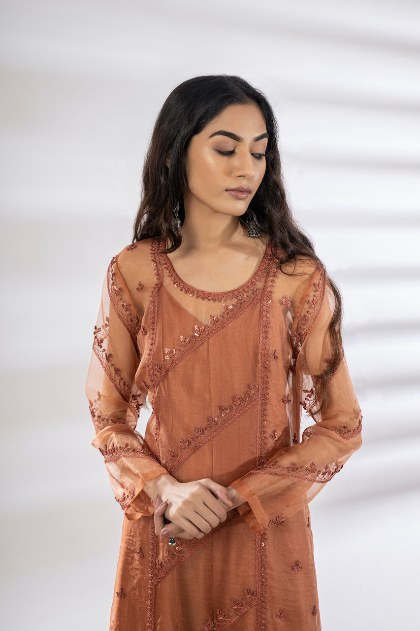 Orange Chanderi Jumpsuit With Organza Tunic