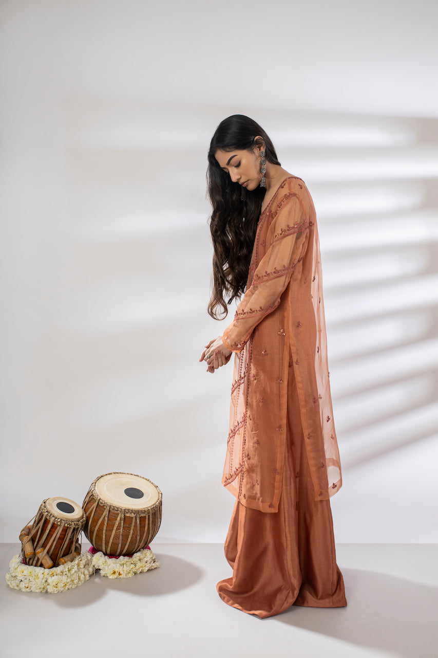 Orange Chanderi Jumpsuit With Organza Tunic