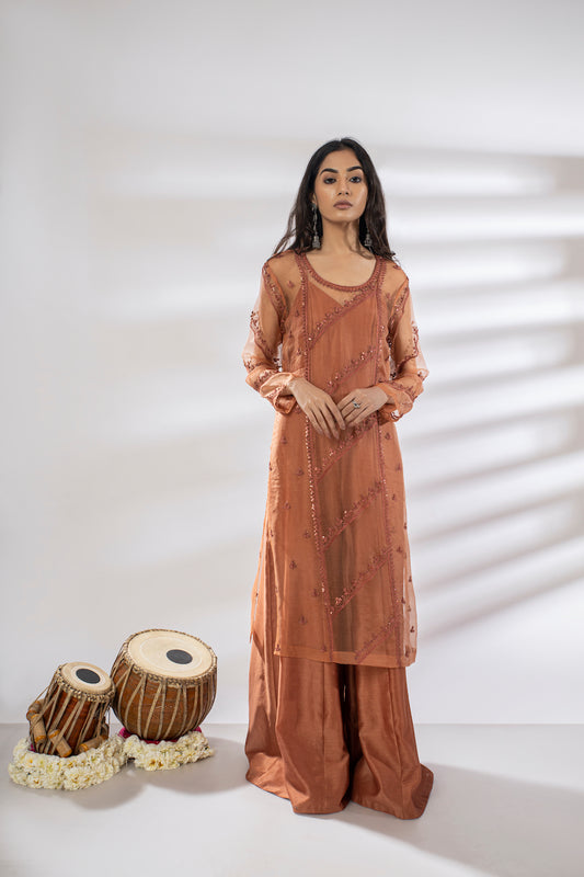 Orange Chanderi Jumpsuit With Organza Tunic