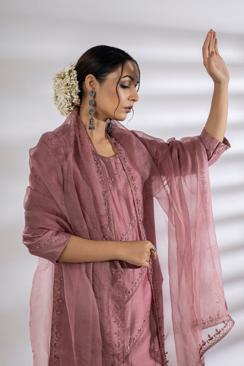 Pink Chanderi Embroidered Kurta Set