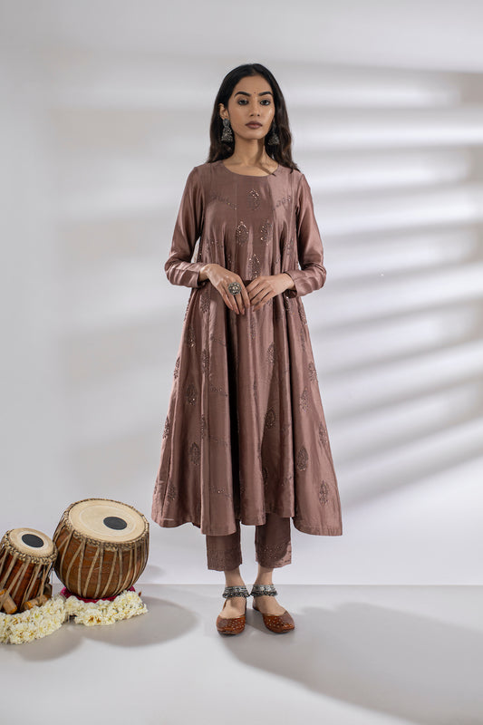 Brown Chanderi Embroidered Anarkali And Pant Set