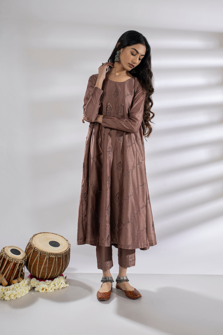 Brown Chanderi Embroidered Anarkali And Pant Set