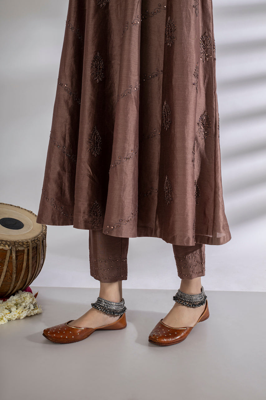 Brown Chanderi Embroidered Anarkali And Pant Set