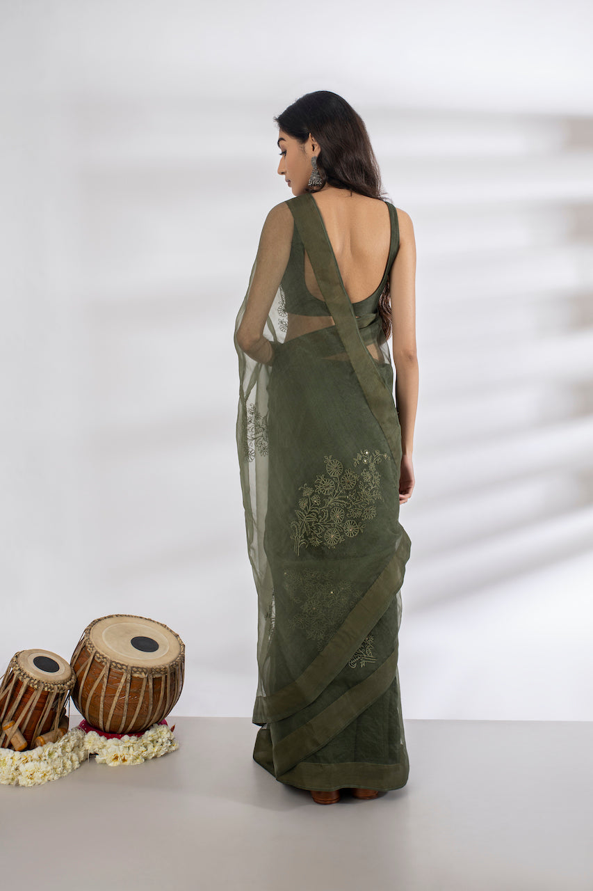 Green Chanderi Embroidered Saree With Blouse