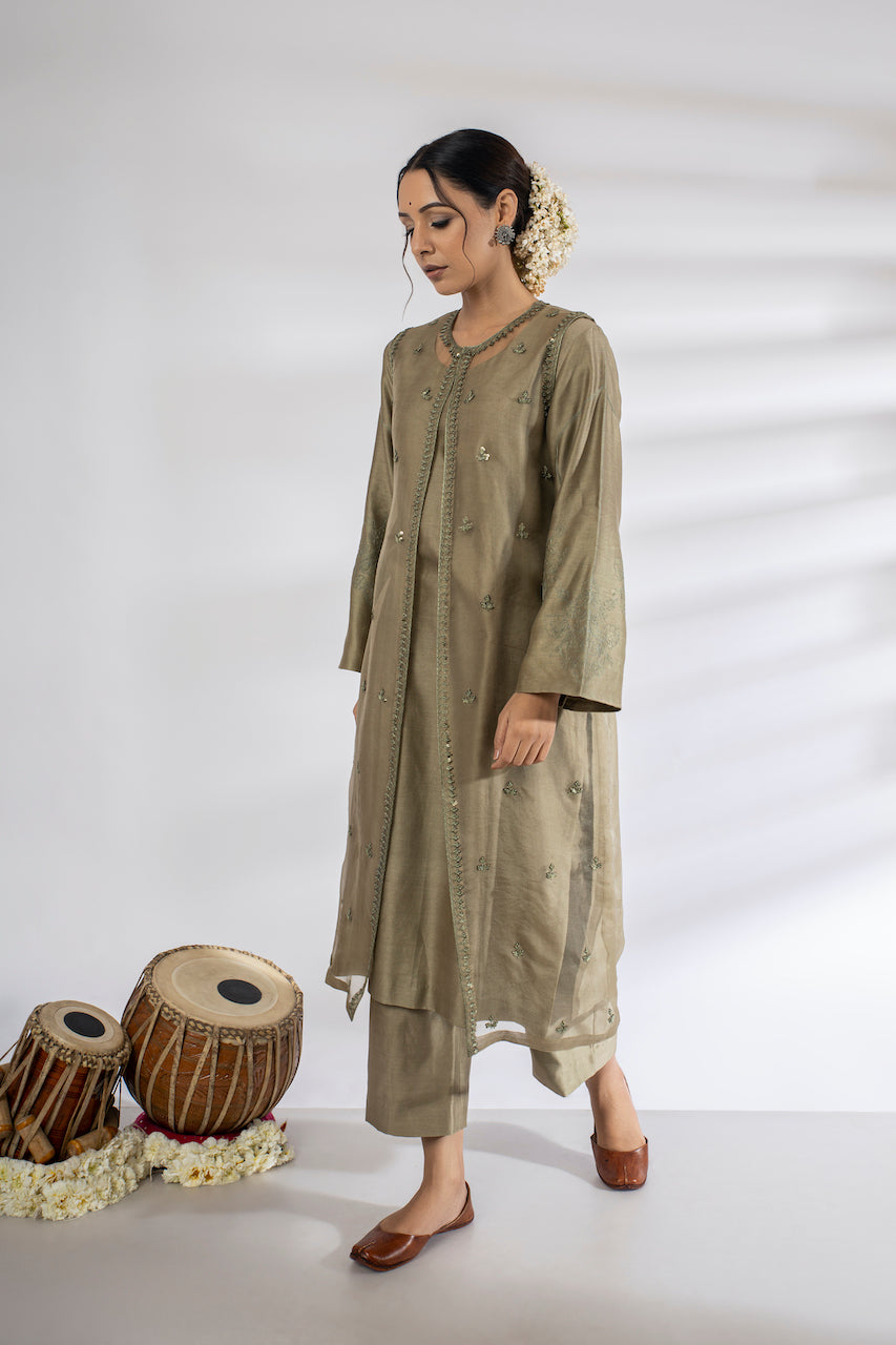 Green Embroidered Jacket And Chanderi Pant Set