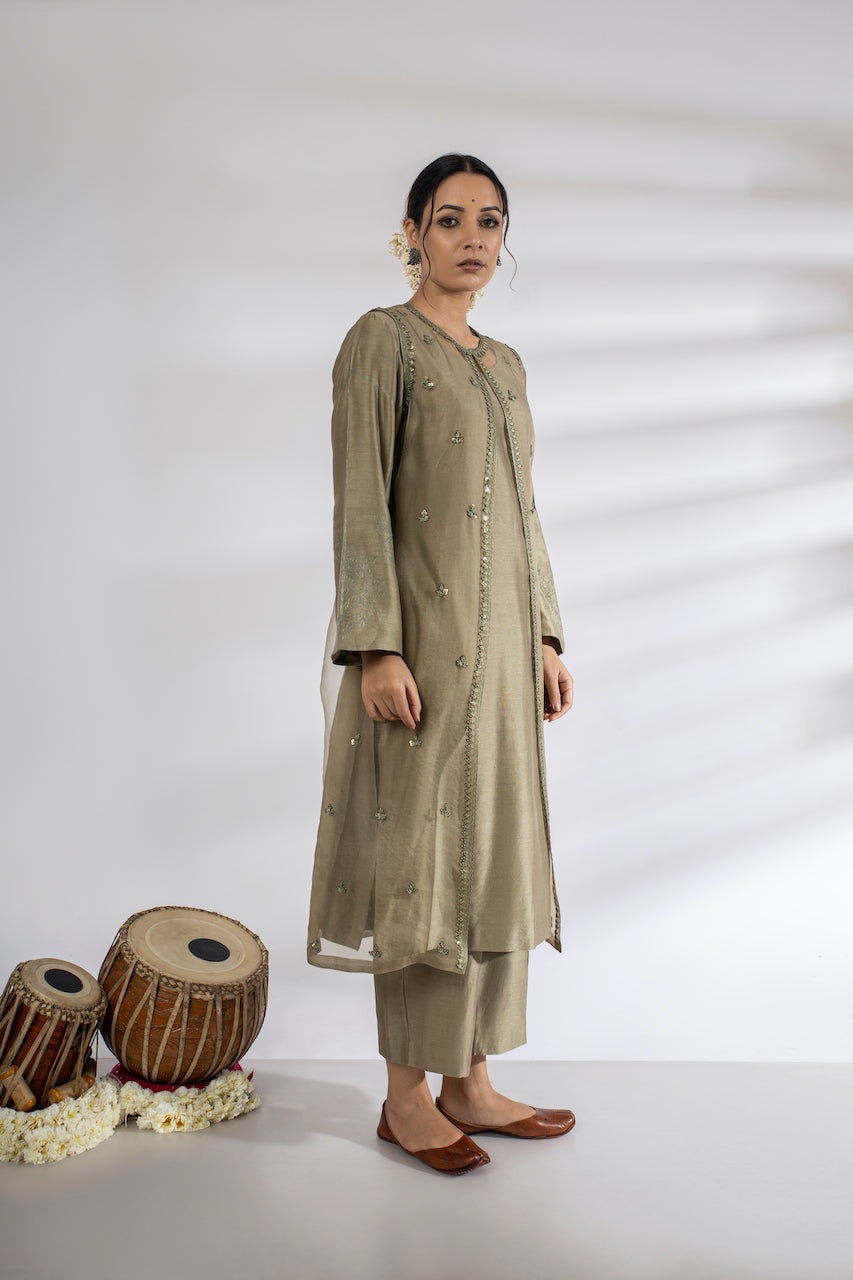 Green Embroidered Jacket And Chanderi Pant Set