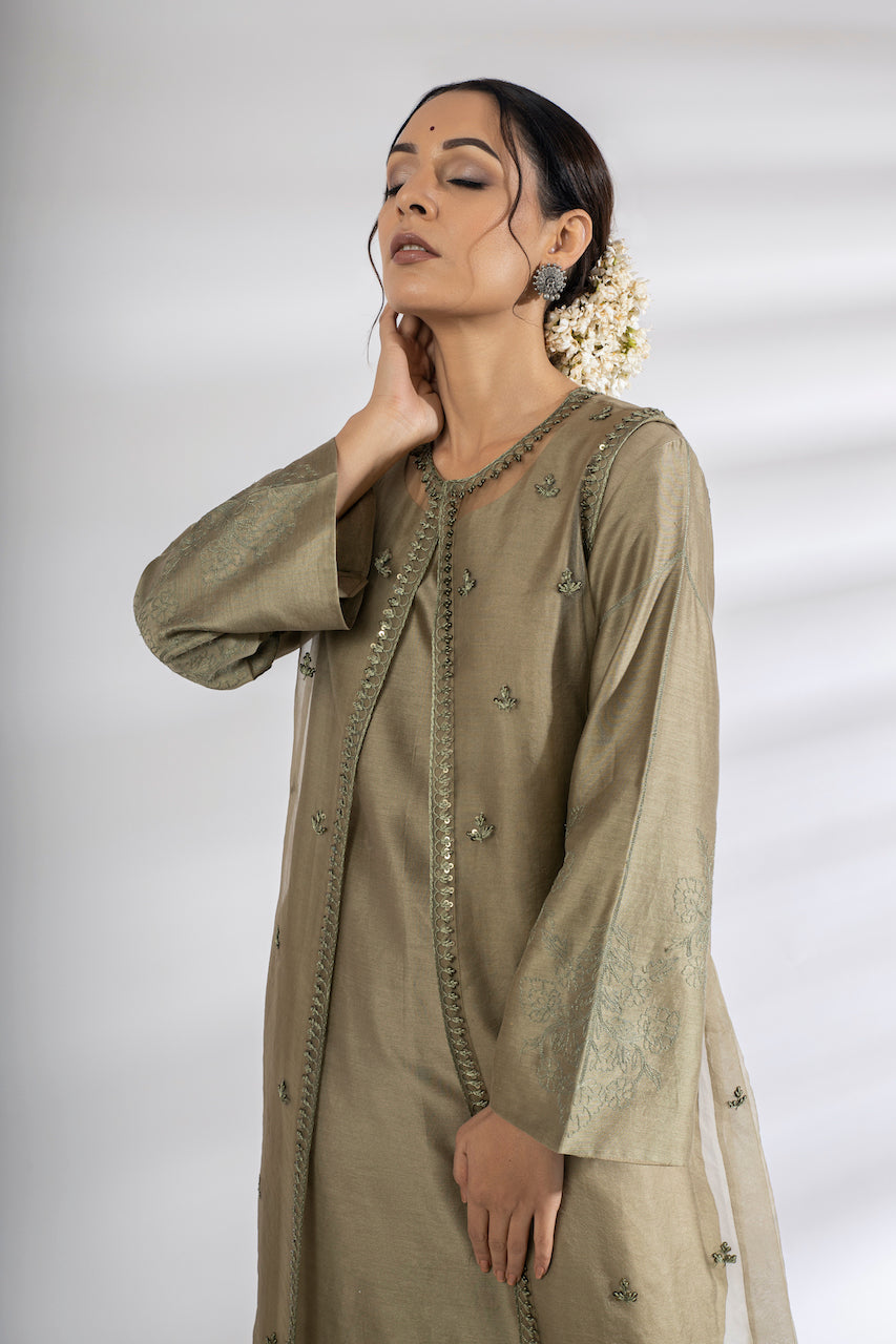 Green Embroidered Jacket And Chanderi Pant Set