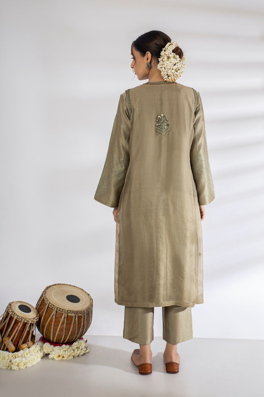 Green Embroidered Jacket And Chanderi Pant Set