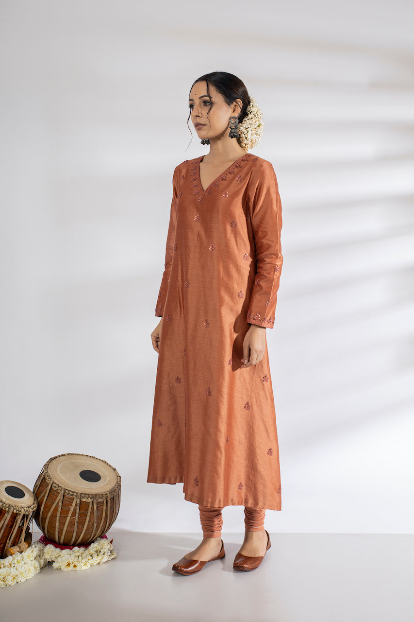 Orange Chanderi Embroidered Anarkali