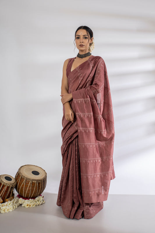 Pink Chanderi Embroidered Saree With Blouse