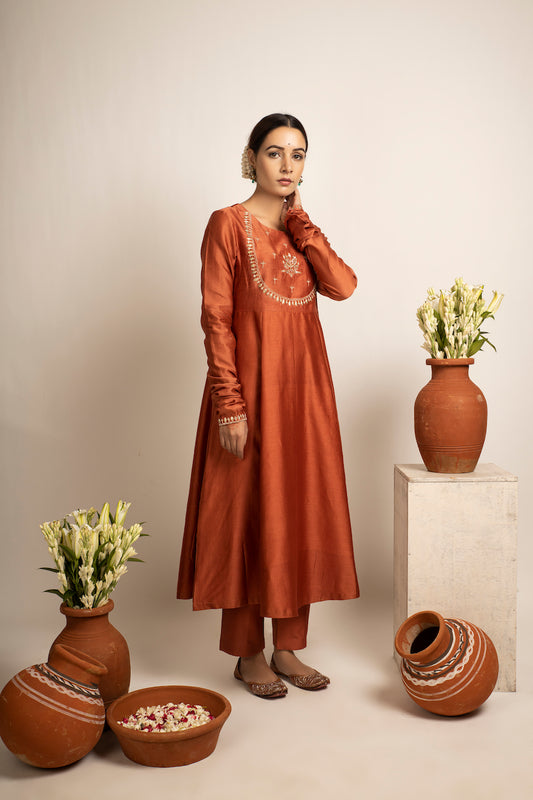 Rust Gulbano Chanderi Anarkali Set