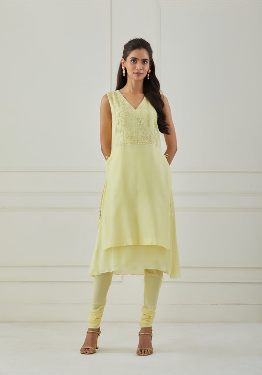 Yellow Haldi Chanderi Kurta Pant Set