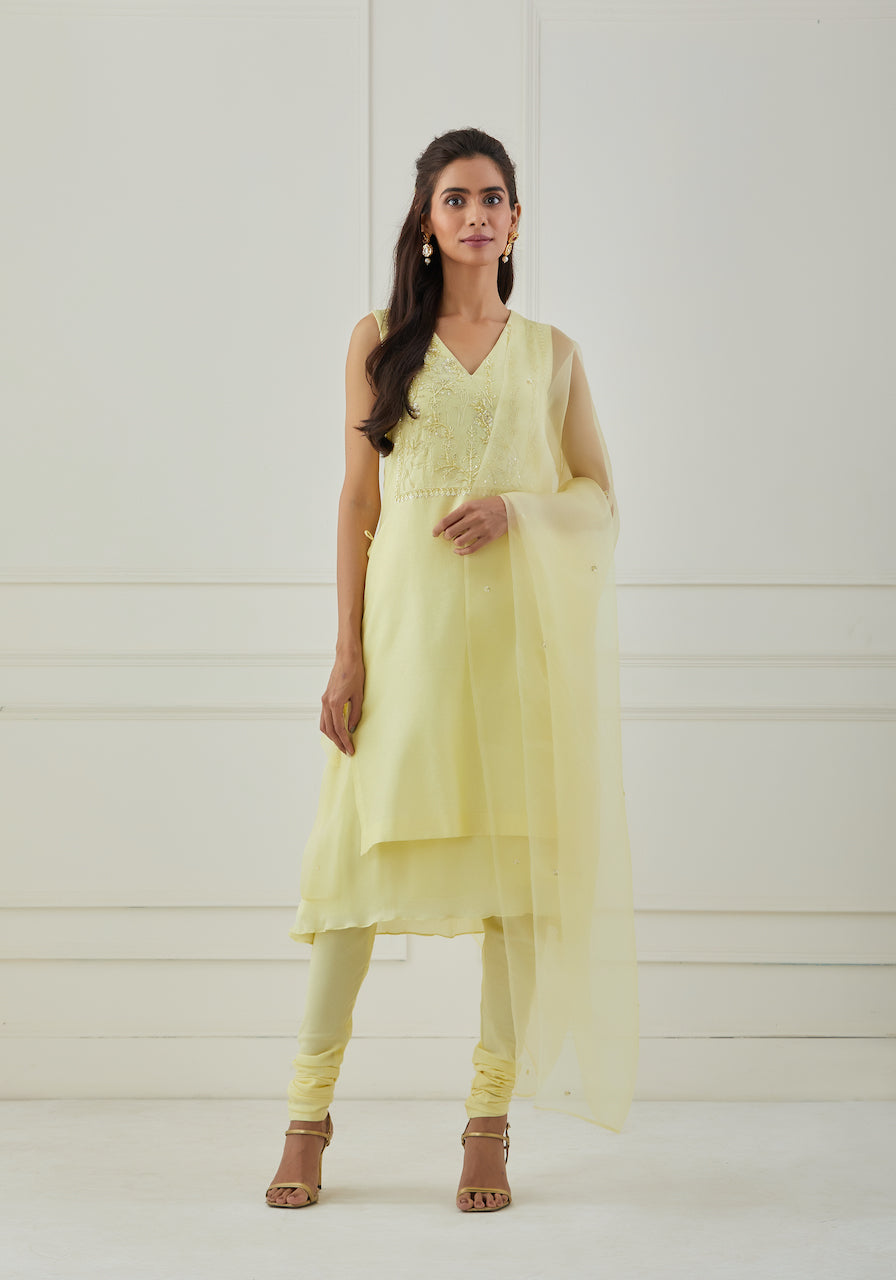 Yellow Haldi Chanderi Kurta Pant Set