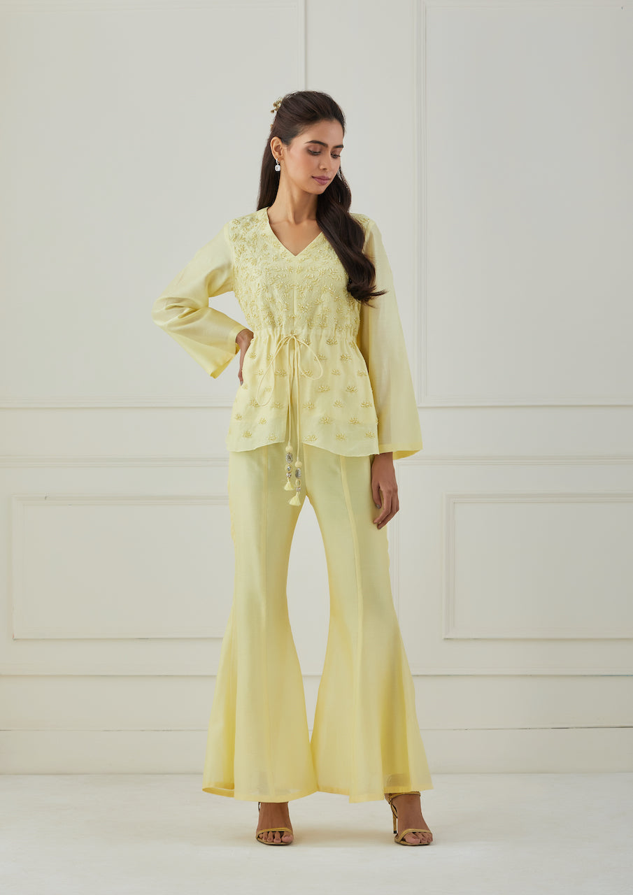 Yellow Genda Chanderi Kurta And Flared Pant Set