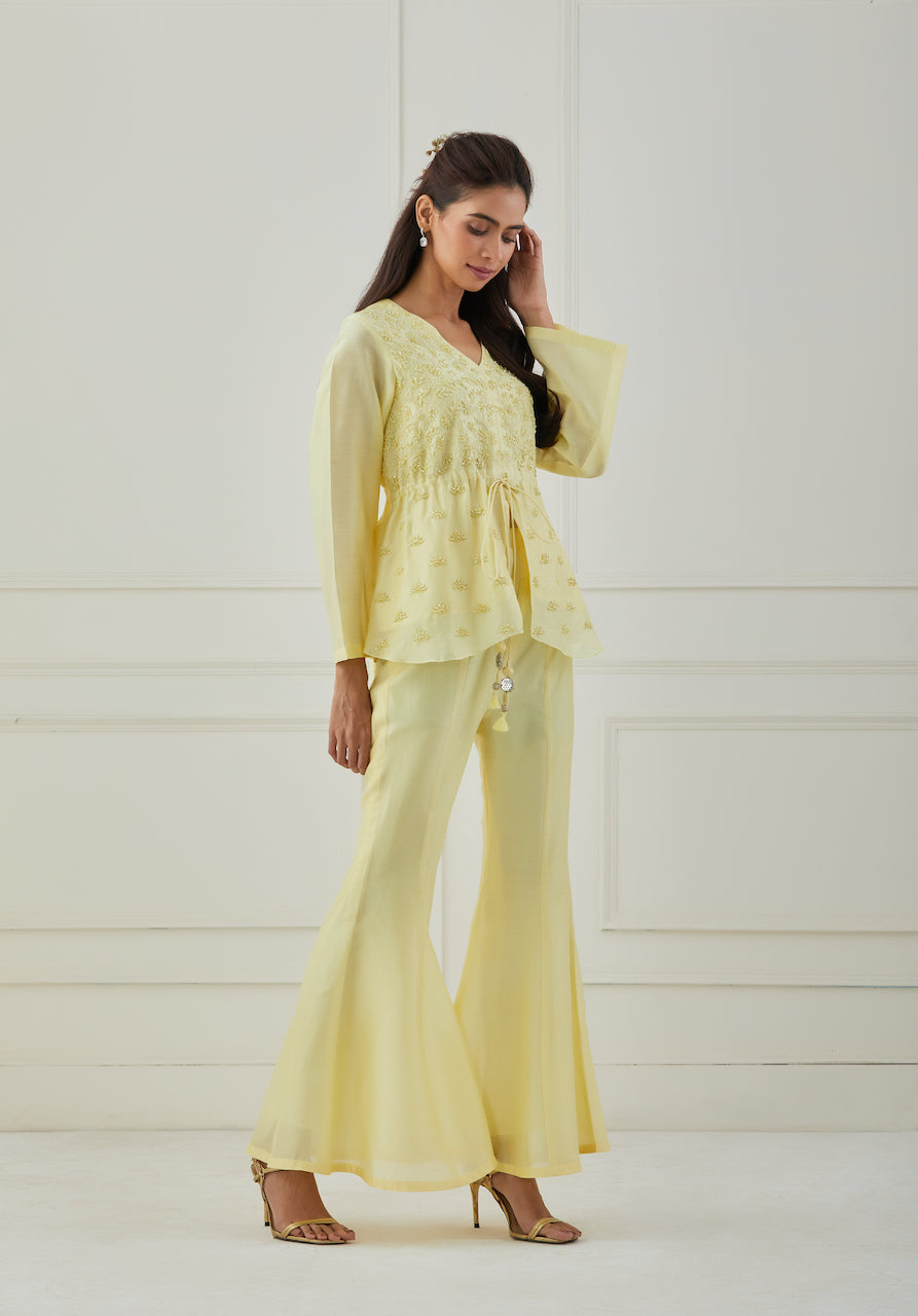 Yellow Genda Chanderi Kurta And Flared Pant Set