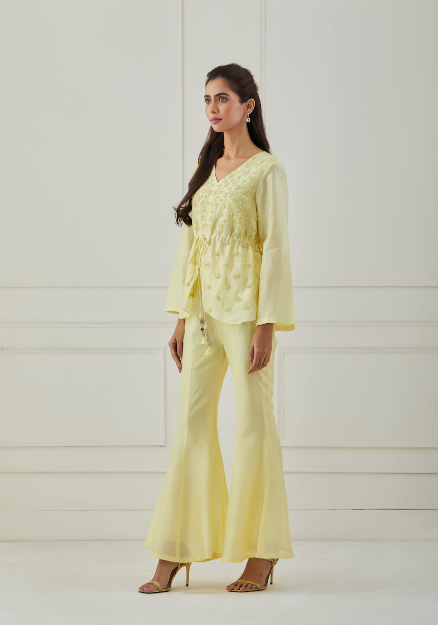 Yellow Genda Chanderi Kurta And Flared Pant Set