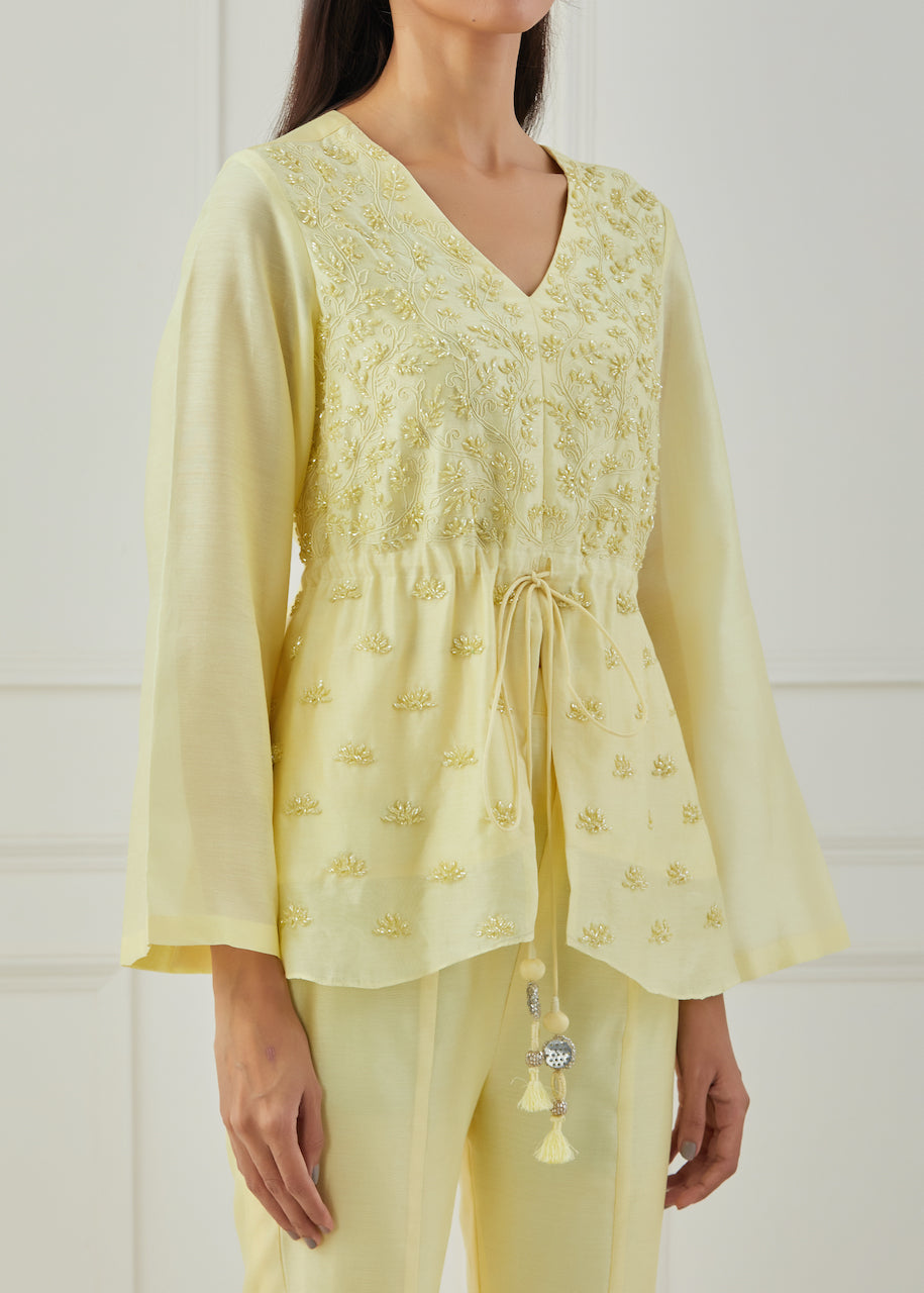 Yellow Genda Chanderi Kurta And Flared Pant Set