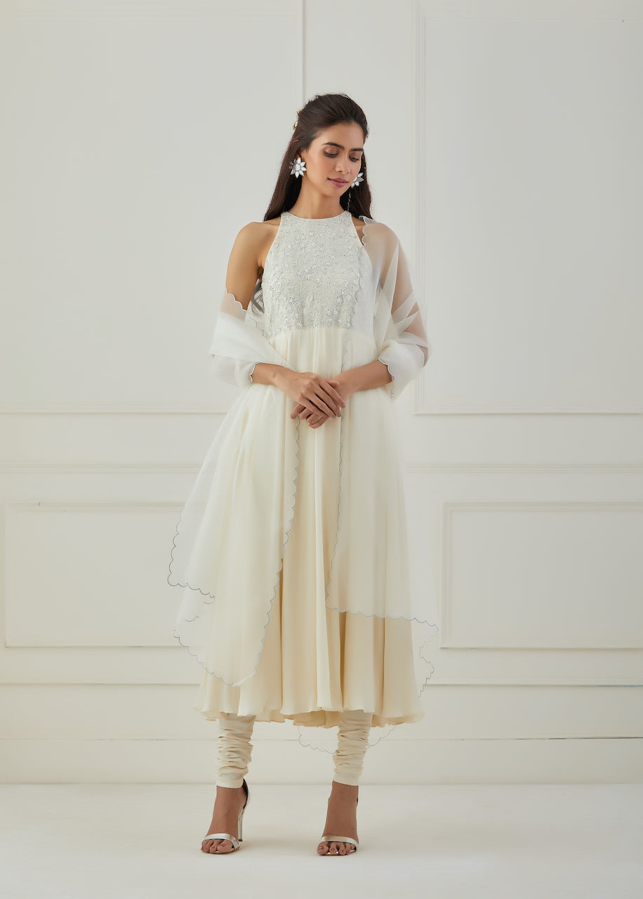 White Noor Chanderi Anarkali Set