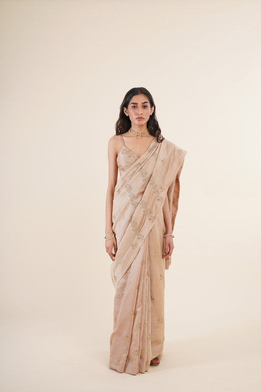 Beige Chanderi Floral Embroidered Saree