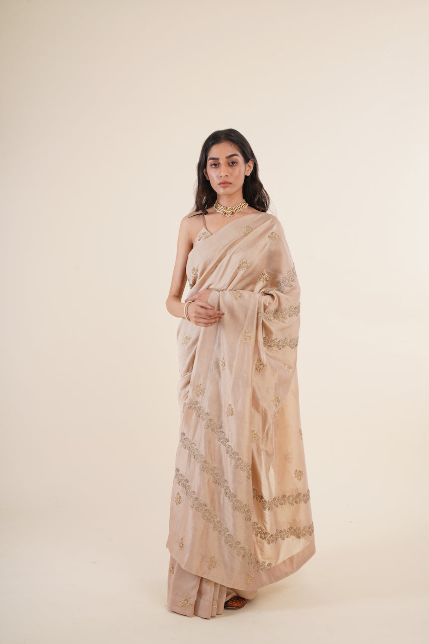 Beige Chanderi Floral Embroidered Saree