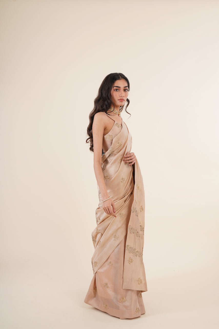 Beige Chanderi Floral Embroidered Saree