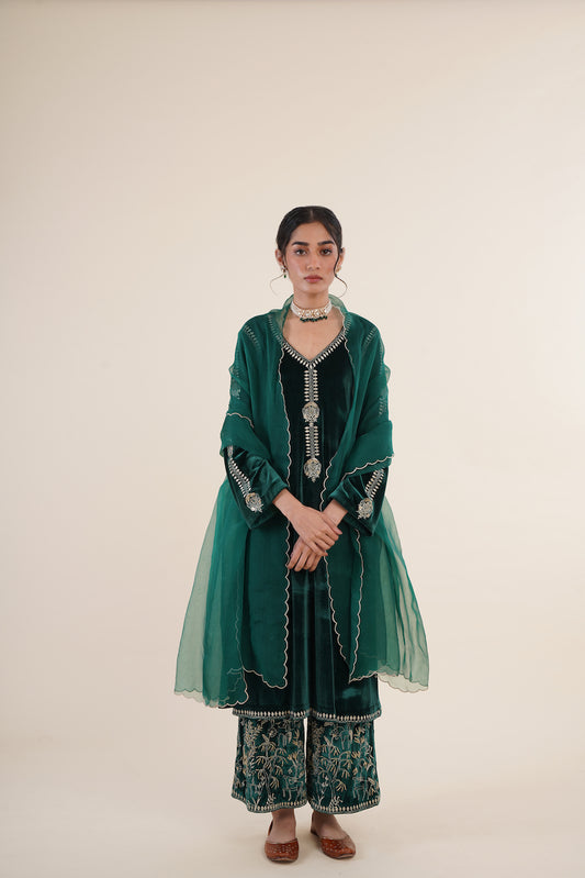 Green Velvet Embroidered Kurta Set