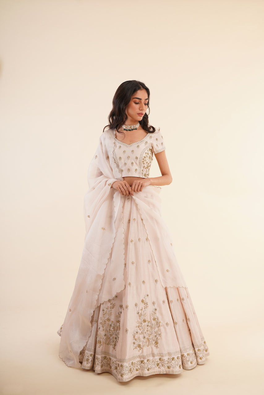 Beige Chanderi Embroidered Lehenga Set