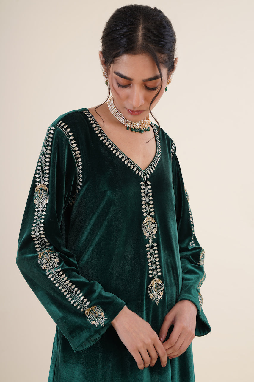 Green Velvet Embroidered Kurta Set