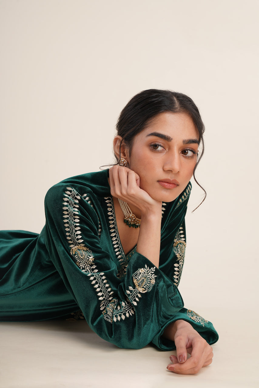 Green Velvet Embroidered Kurta Set