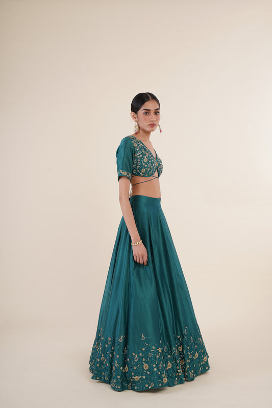 Teal Chanderi Embroidered Lehenga Set