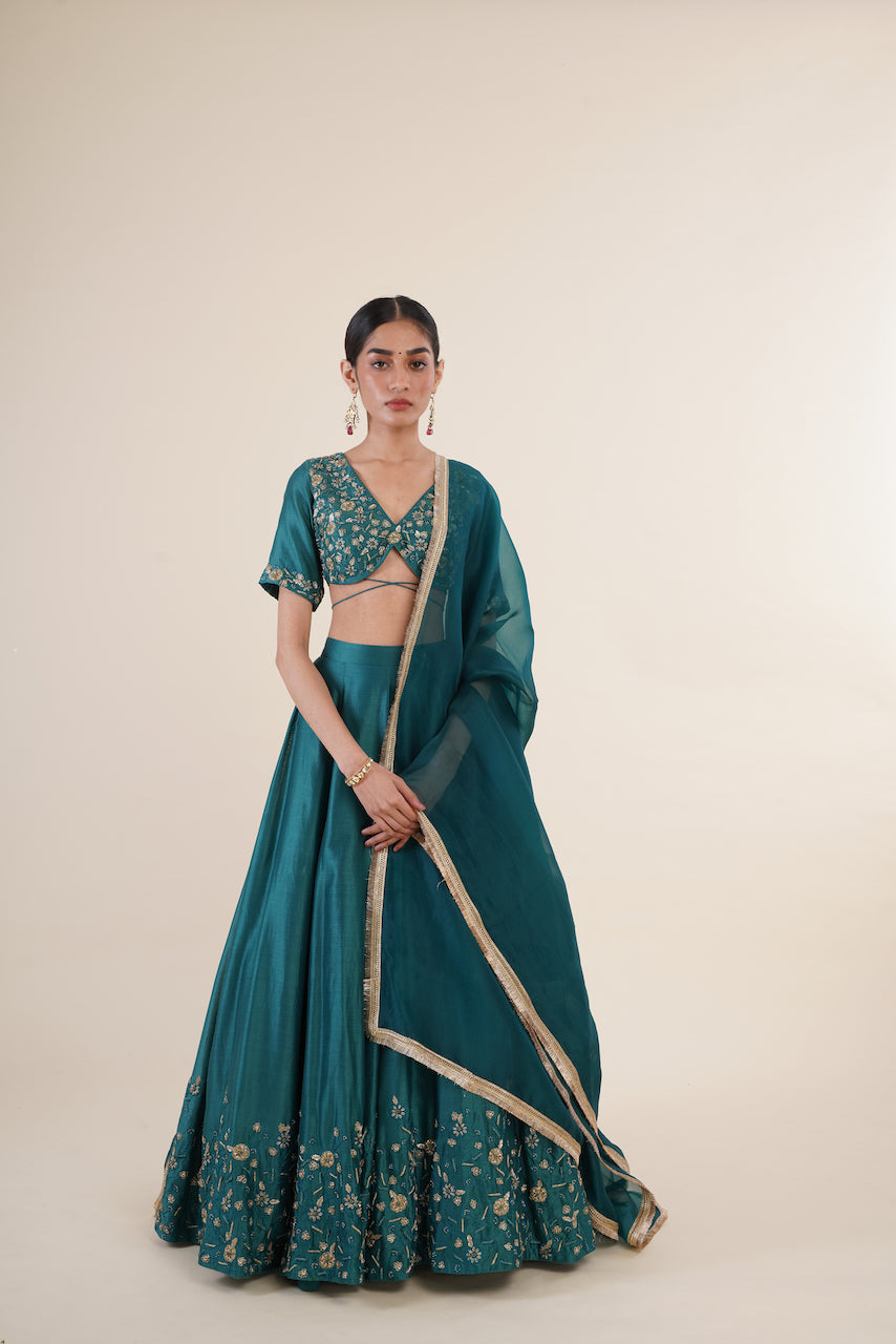 Teal Chanderi Embroidered Lehenga Set