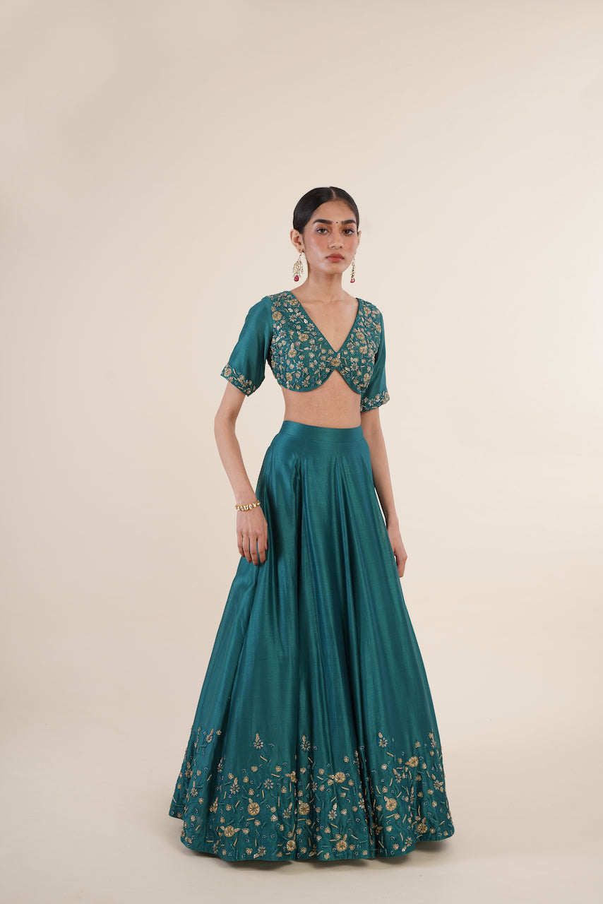 Teal Chanderi Embroidered Lehenga Set