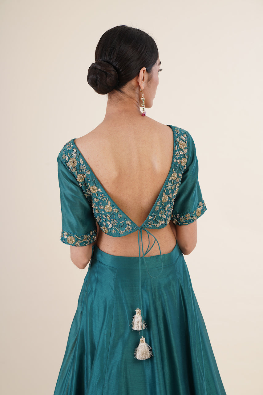 Teal Chanderi Embroidered Lehenga Set